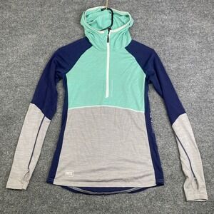 Mons Royale Womens Yotei Powder Hood 1/4 Zip 100% Merino Wool Base Layer Small